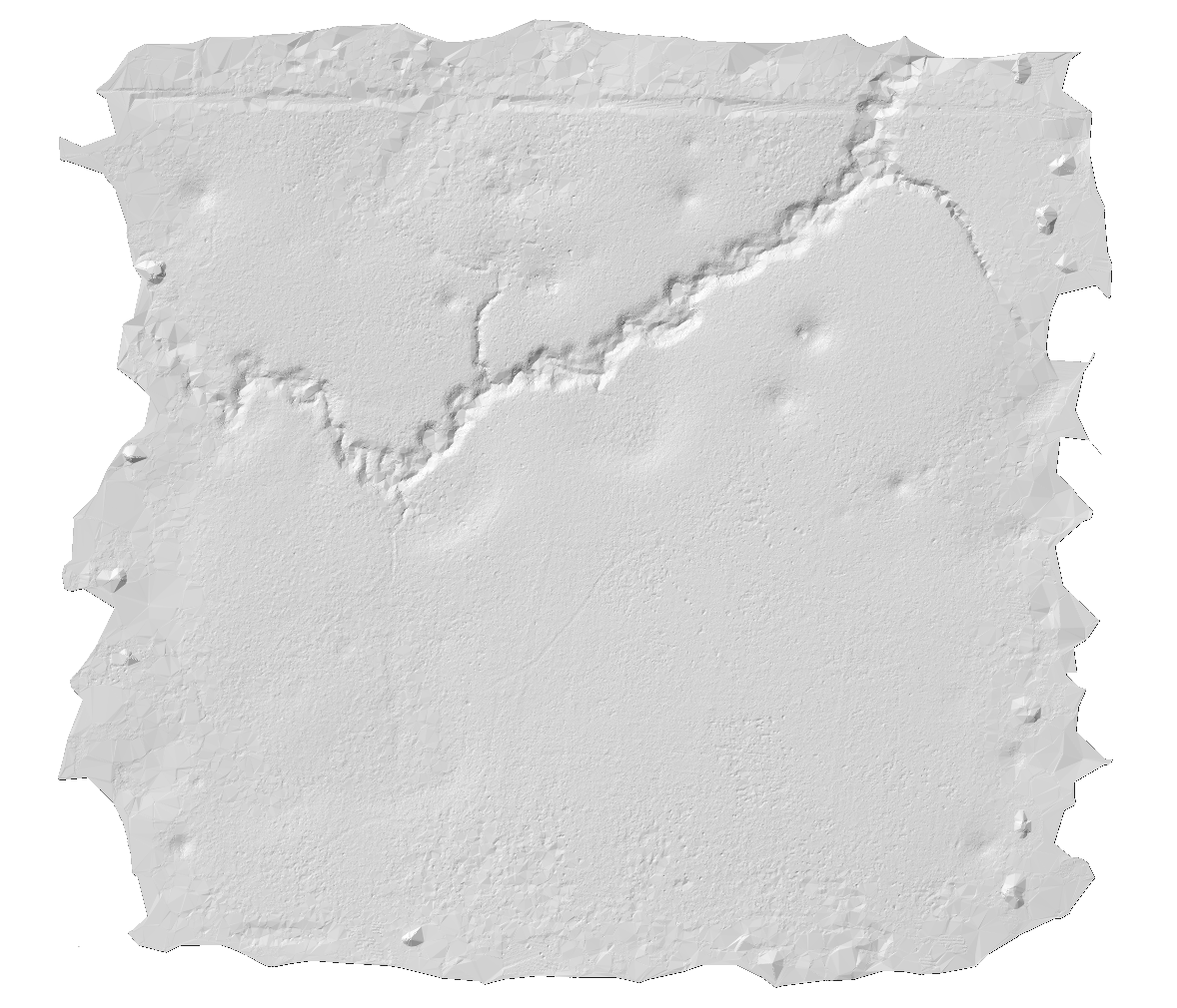 Bare-earth DEM hillshade of forested terrain with a sharply preserved creek channel